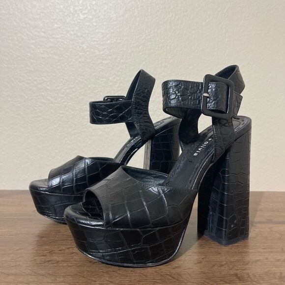 Alice + Olivia Black Croc-Embossed Platform Heels - Picture 1 of 7